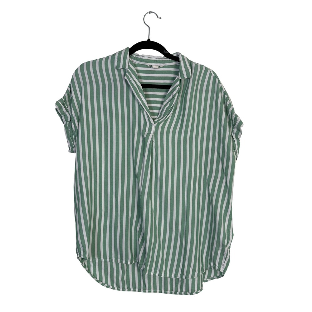 Beachlunchlounge Green White Striped Short Sleeve V-Neck Blouse LTTS435 Large